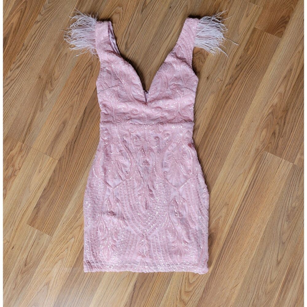 Pink Sequin Mini Dress w/ Feather Straps V-Neck Cocktail Party Glam Mini Dress S